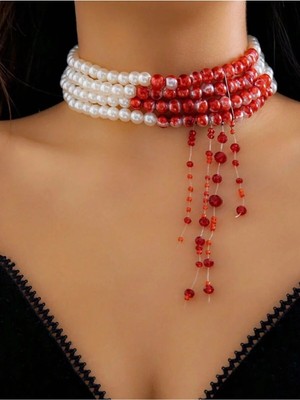 Ravinity 4 Sıra Incili Choker Gotik Vampir Kolyesi Özel Tasarım Cadılar Bayramı Kanlı Kolye