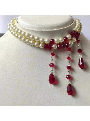 Ravinity Cadılar Bayramı Kolyesi Halloween 2 Sıra Choker Inci Kolye Bordo Kırmızı Boncuklu Vampir Takısı