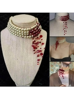 Ravinity Çok Sıralı Inci Choker Kolye Bordo Boncuklu Tasma Halloween Gothic Vintage Takı