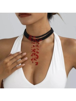 Ravinity Kırmızı Kan Damlası Efektli Siyah Incili Choker Kolye Cadılar Bayramı Parti Kolyesi