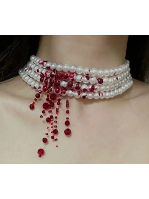 Ravinity Cadılar Bayramı Kolyesi Halloween Inci Choker Tasma Kolye Bordo Kırmızı Boncuklu Kanlı Gotik Takı