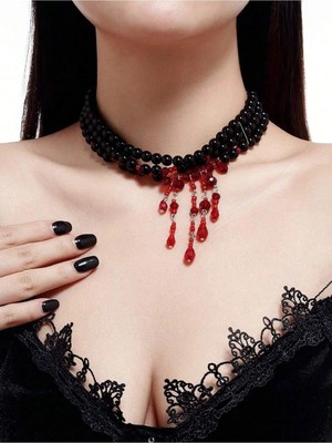 Ravinity Siyah Incili 3 Sıra Choker Kolye Gotik Tasarım Kan Damlayan Efektli Kanlı Kolye