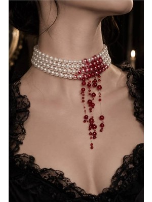 Ravinity Halloween Kolye Cadılar Bayramı Inci Choker Tasma Kolye Bordo Kırmızı Boncuklu Sarkan Tasarım Kolye