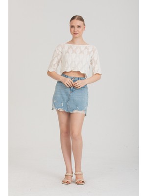 Maxi Modena Zarif Ajurlu Dokulu Beyaz Crop Triko Bluz – Standart Beden - Beyaz