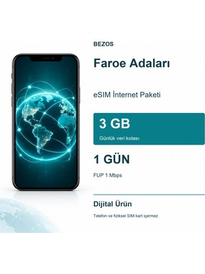 Faroe Adaları Esım Internet Paketi Günlük 3 GB 1 Gün - Fup 1 Mbps