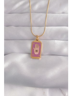 Burada Bulabilirsin 316L Çelik Gold Renk Mor Mineli El Figür Tarot Kolye