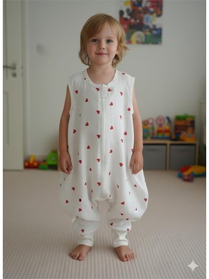 Yazlık Müslin Uyku Tulumu, 0.5 Tog Tek Katlı, Kırmızı Kalp Desenli, Unisex, 0-6 Ay