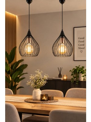 Trend Kitchen Dolunay Siyah Gövde Camsız 2'li Set Sarkıt Avize Salon Mutfak Yatak Odası Hol Aydınlatma