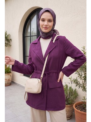 Moda Morfo Tünel Bağcıklı Cep Detaylı Keten Görünümlü Kimono -Mürdüm