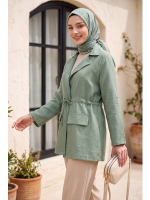 Moda Morfo Tünel Bağcıklı Cep Detaylı Keten Görünümlü Kimono -Mint