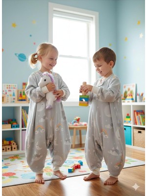 Kollu Uyku Tulumu, %100 Doğal Pamuk, Çift Kat Pazen, Unisex, 6-12 Ay, Gri