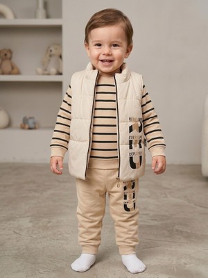 Minitix Erkek Bebek 3 Lü Takım Şişme Yelekli Çizgili Body ve Jogger Pantolon
