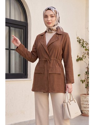Moda Morfo Tünel Bağcıklı Cep Detaylı Keten Görünümlü Kimono -Kahverengi