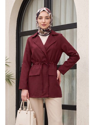 Moda Morfo Tünel Bağcıklı Cep Detaylı Keten Görünümlü Kimono -Bordo