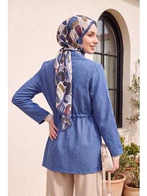 Moda Morfo Tünel Bağcıklı Cep Detaylı Keten Görünümlü Kimono -Indigo