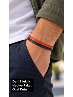 Herşey Nota Quelor Tangis Turuncu Lacivert Deri Erkek Bileklik - Minimal Çift Bant