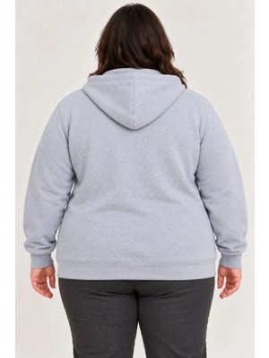 Tarz Yeri Kadın Battal Büyük Beden Üç Iplik Içi Şardonlu Kapüşonlu Tam Fermuarlı Kışlık Sweatshirt - Gri