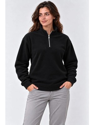 Tarz Yeri Kadın Polar Dik Yaka Yarım Fermuarlı Uzun Kollu Regular Fit Kışlık Sweatshirt - Siyah
