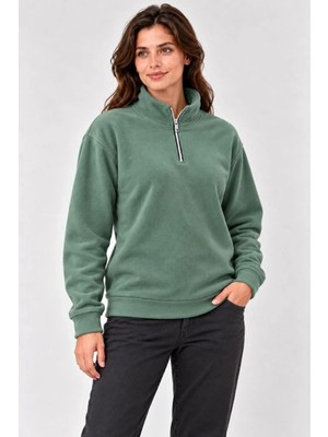 Tarz Yeri Kadın Polar Dik Yaka Yarım Fermuarlı Uzun Kollu Regular Fit Kışlık Sweatshirt - Mint Yeşili
