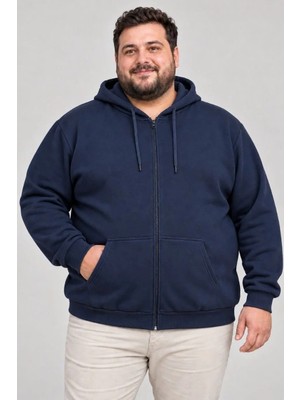 Tarz Yeri Erkek Battal Büyük Beden Üç Iplik Içi Şardonlu Kapüşonlu Tam Fermuarlı Kışlık Sweatshirt - Lacivert