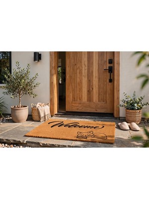 Vera Concept Store Evoris Coco CC026A Kedili Welcome Desenli Kalın Kaymaz Taban Nem Alıcı Şık Tasarım Kapı Önü Paspası 45X75 cm Bej 45 x 70