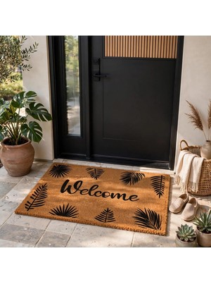 Vera Concept Store Evoris Coco CC028A Welcome Yaprak Desenli Kalın Kaymaz Taban Nem Alıcı Şık Tasarım Kapı Önü Paspası 45X75 cm Bej 45 x 70