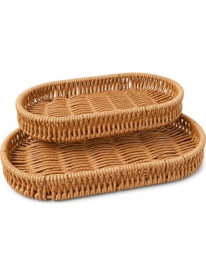 Vera Concept Store 2'li Oval Rattan Görünümlü Hasır Sunum Tepsisi Seti – Banyo Dresuar & Ev Organizatör Tepsi