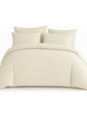 Vera Concept Store Çift Kişilik Çizgili Saten Nevresim TAKIMI%100 Pamuk 200X220 - Yumuşak Dokulu Lüks Nevresim Takımı Krem Krem