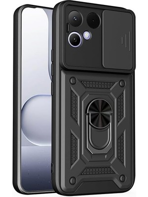 Vera Concept Store Tecno Pova Curve 2 ile Uyumlu Kılıfı Silikon Stand Yüzüklü Araç Tutucu Mıknatıslı Darbe ve Kamera Korumalı Tank Sürgülü Kapak Siyah
