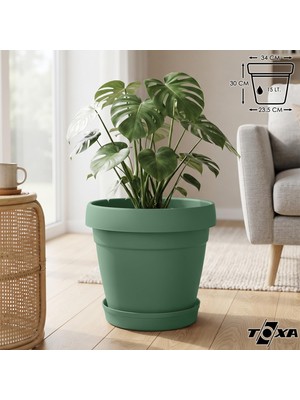 Vera Concept Store Tabaklı Delikli Plastik Çiçek Saksısı, 34 cm 15 Lt, 1 Adet, Yeşil
