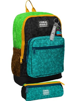 Vera Concept Store Okul Sırt Çantası ve Kalemlik Seti - Siyah Yeşil Kahverengi Craft Desenli Erkek Çocuk SETYGN33216C