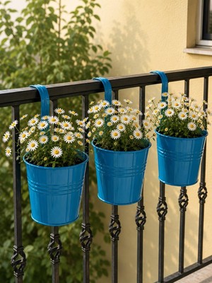 Vera Concept Store Askılı Balkon Saksı Seti, 3 Adet, Metal, Turkuaz, 1,5lt