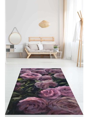 Vera Concept Store On The Clouds Mor Temalı Çiçek Gül Desenli Yıkanabilir Kaymaz Taban Leke Tutmaz Salon Halısı Yoluk PNHS27, 80 x 300