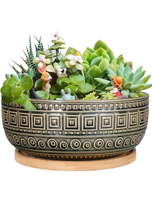 Vera Concept Store Iç Mekan Bitkileri Için 20,5 cm Seramik Sukulent Saksıları Yuvarlak Sığ Bonsai Saksı Drenaj ve Bambu Tabağı Mavi