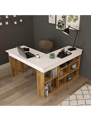 Vera Concept Store Tywin Kitaplık Raflı Çalışma Masası Çam-Beyaz