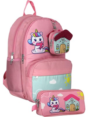 Vera Concept Store UMT5051+UMT5053 Sırt Çantası ve Kalemlik Seti (Pembe Yeşil - Unicorn - Kız Çocuk)