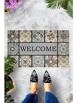 Vera Concept Store Theclouds Dijital Baskılı Welcome Yazılı Dekoratif Kapı Önü Paspası, Mavi