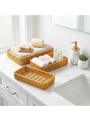 Vera Concept Store 3'lü Hasır Görünümlü Dikdörtgen Sepet Seti – Rattan Örgü Düzenleyici Sepet, Mutfak, Banyo ve Ofis Için Dekoratif Saklama Sepeti