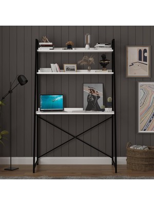 Vera Concept Store Asra Trend Beyaz METALKÇM01 Metal Kitaplıklı Çalışma Masası 90X170 cm Endüstriyel Merdiven Tipi Bilgisayar Masası Modern Ofis ÜNITESI%100 Mdflam