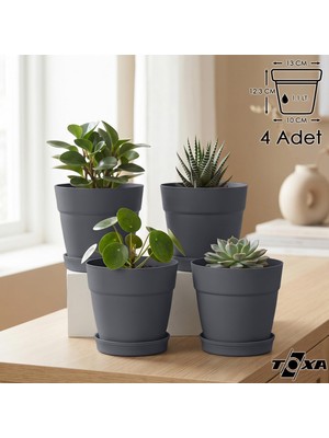 Vera Concept Store Tabaklı Delikli Plastik Çiçek Saksısı, 13 cm 1.1 Lt, 4 Adet, Antrasit