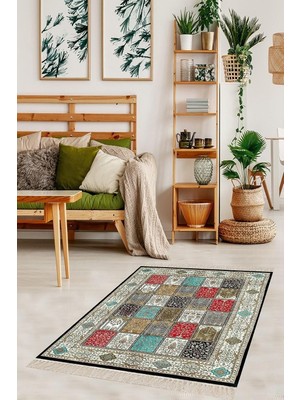 Vera Concept Store Pelangi Kırkyama Patchwork Desenli Etnik Dijital Baskı Yıkanabilir Kaymaz Taban Salon Halı ve Yollu, Koyu Yeşil 80 x 300