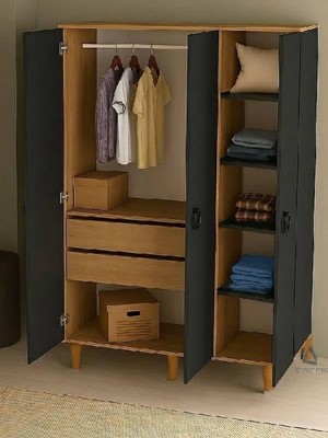 Vera Concept Store 3 Kapılı, 2 Adet Gizli Çekmeceli Grı-Meşe Gardırop, Elbise Dolabı, Çocuk Odası Dolabı