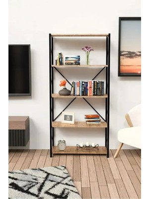 Vera Concept Store 5 Raflı Kitaplık Metal Çerçeveli Modern Raf - Çalışma Odası, Ofis, Salon Kitaplığı ve Evrak Rafı Atlantik Çam