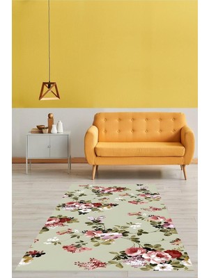Vera Concept Store On The Clouds Vintage Yeşil Zemin Gül Buketleri Desenli Yıkanabilir Kaymaz Taban Leke Tutmaz Salon Halısı PNHS11, 60 x 120