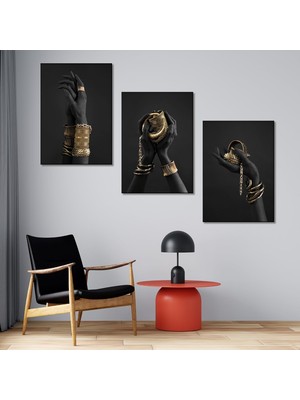 Vera Concept Store 3'lü Siyah ve Altın Sanatsal Eller Kanvas Tablo Seti - Modern Lüks Duvar Dekoru, 50X70 cm