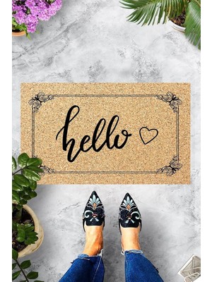 Vera Concept Store Theclouds Dijital Baskılı Hello Yazılı Kalp Figürlü Dekoratif Kapı Önü Paspası, Kahve-Krem