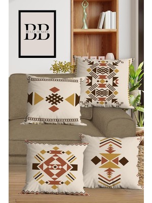 Vera Concept Store Modern Tasarım Çift Tarafı Baskılı Kare 4'lü Dijital Baskılı Yastık Kılıfı Seti, Kırlent Kılıfı Seti (Bej Etnik)