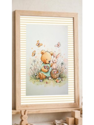Vera Concept Store Çocuk Odası Tablosu 20X30 cm Doğal Ahşap Çerçeveli - Ayı ve Tavşanlı Bebek Odası Duvar Dekoru