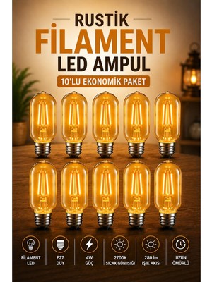 Vera Concept Store T45 Rustik Filament LED Ampul, E27 Duy, 10'lu Set, 4W, 2700K Sıcak Gün Işığı, 280 Lm, Dekoratif Vintage
