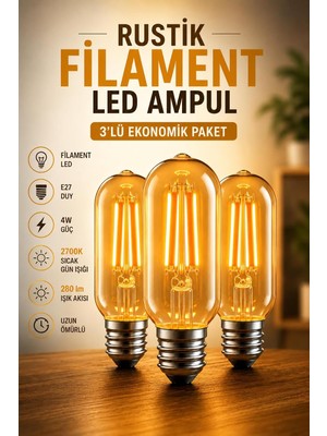 Vera Concept Store T45 Rustik Filament LED Ampul, E27 Duy, 3'lü Set, Dekoratif Vintage, Sıcak Gün Işığı, 4W, 2700K, 280 Lm